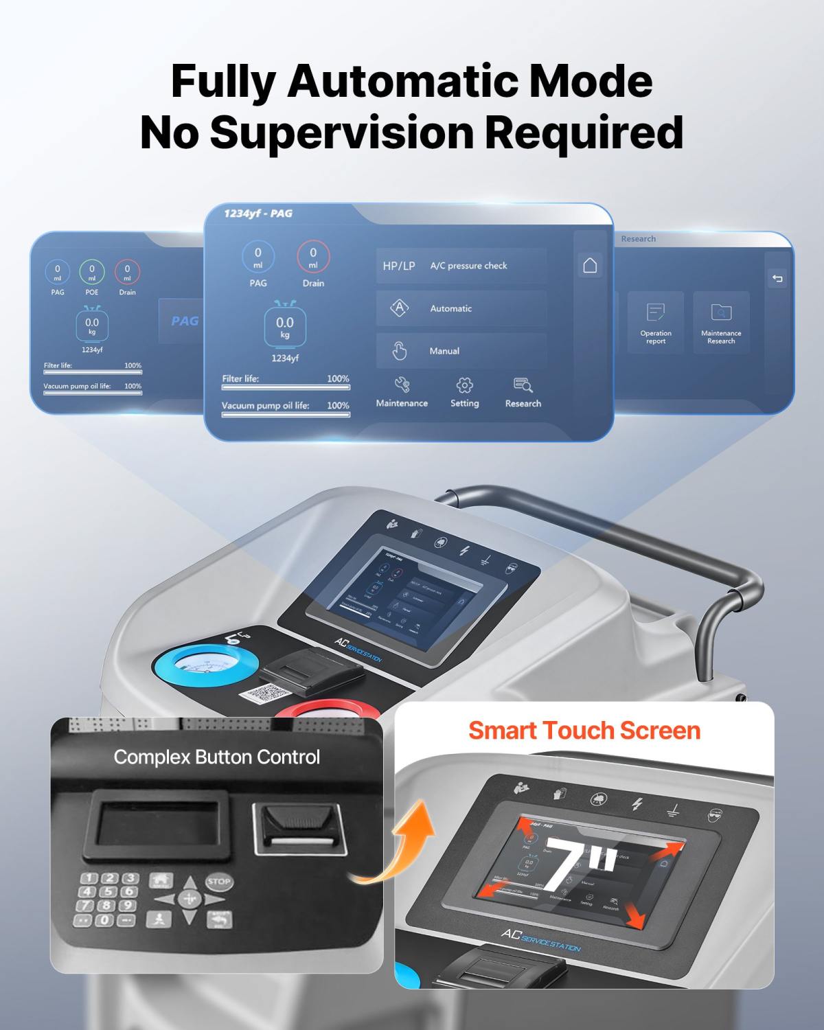 Fully Automatic Refrigerant Recovery Machine For 1234yf, ≥98.5% Accuracy, 7-Inch Touch Screen, AC Recovery, Vacuum, And Recharging Machine For Standard And High Voltage Automotive A/C Systems
