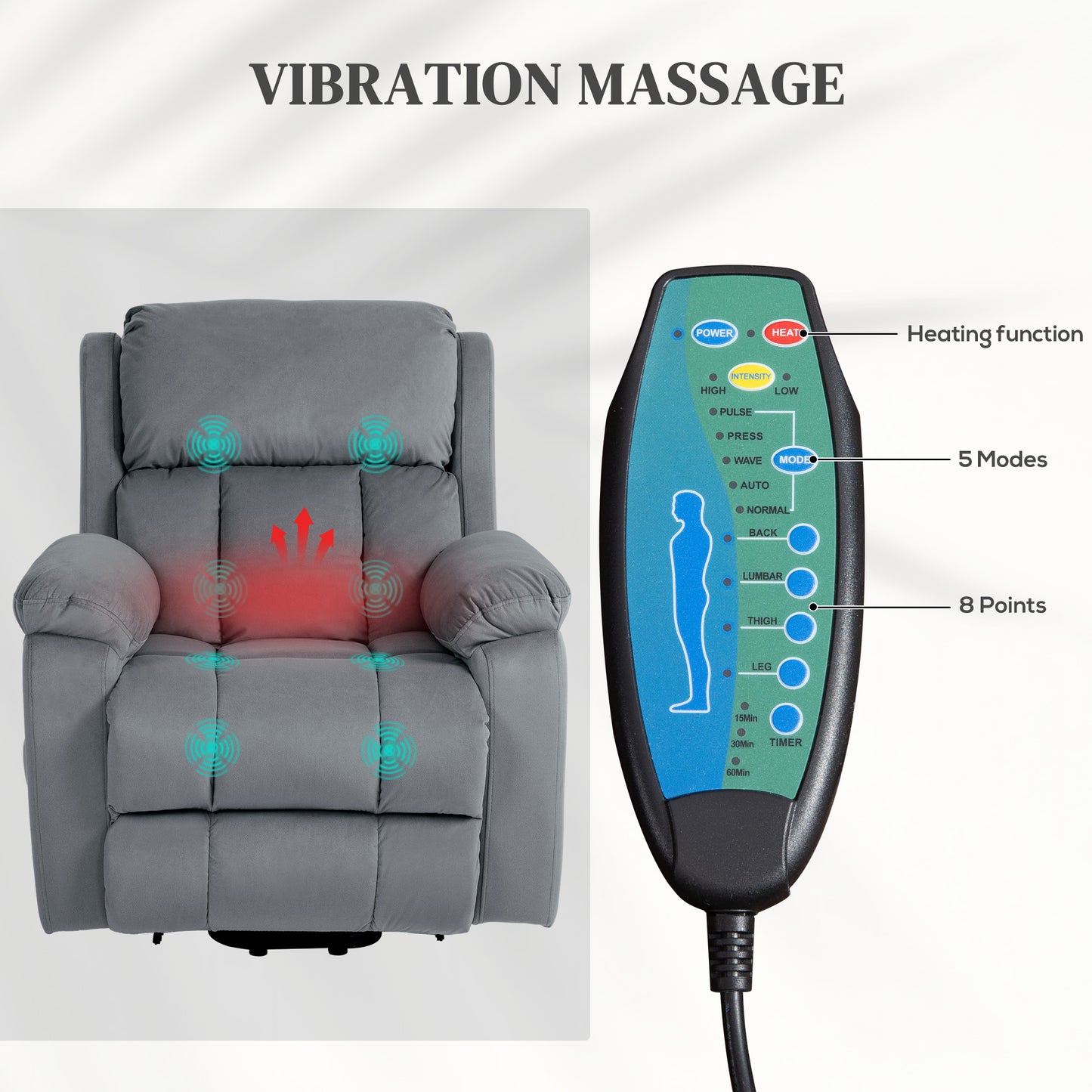 Eight-Point Massage Lift Chair, With Remote - Grey