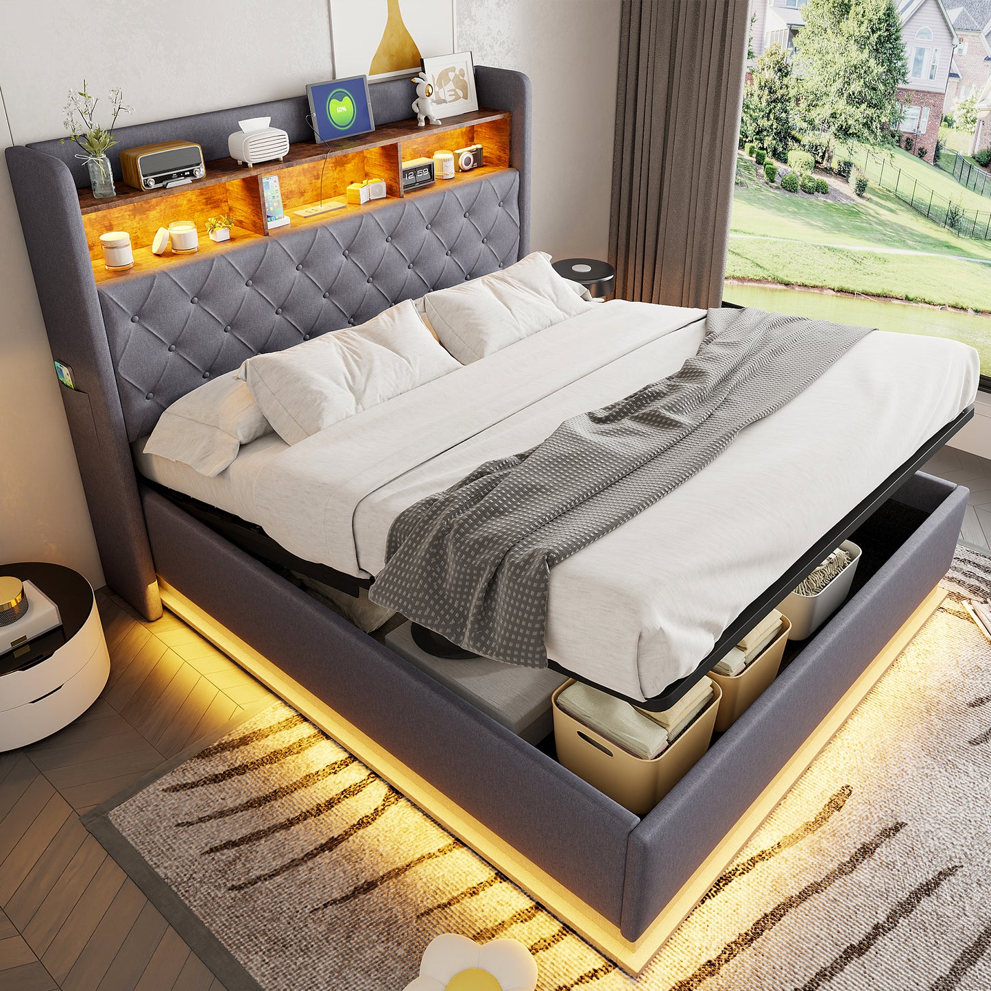 LED Upholstered Bed 160 X 200 Cm, Upholstered Storage Bed With USB Charging Port And Hydraulic Storage, Skin-friendly Linen Fabric, Grey