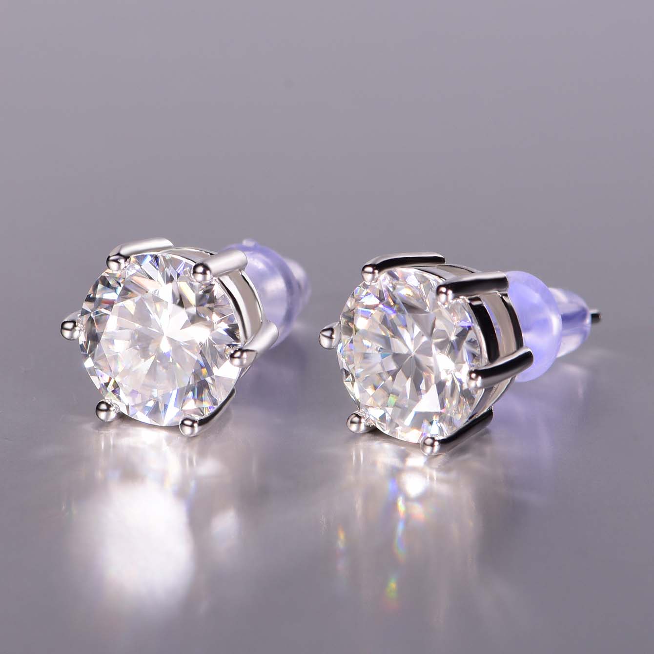S925 Sterling Silver 4-Prong Moissanite Stud Earrings, 1&2ct D-VVS1 Round Cut, Platinum Plated 1.5&2.2g Women's Jewelry Gift Box