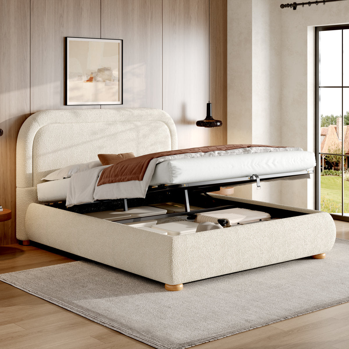 5FT King Size Ottoman Storage Bed Frame   150 X 200 Cm    Luxury Boucled Upholstered Lift-Up Bed With Hydraulic Storage, Deep Curved Headboard & Reinforced Slatted Base, Beige, Boucled
