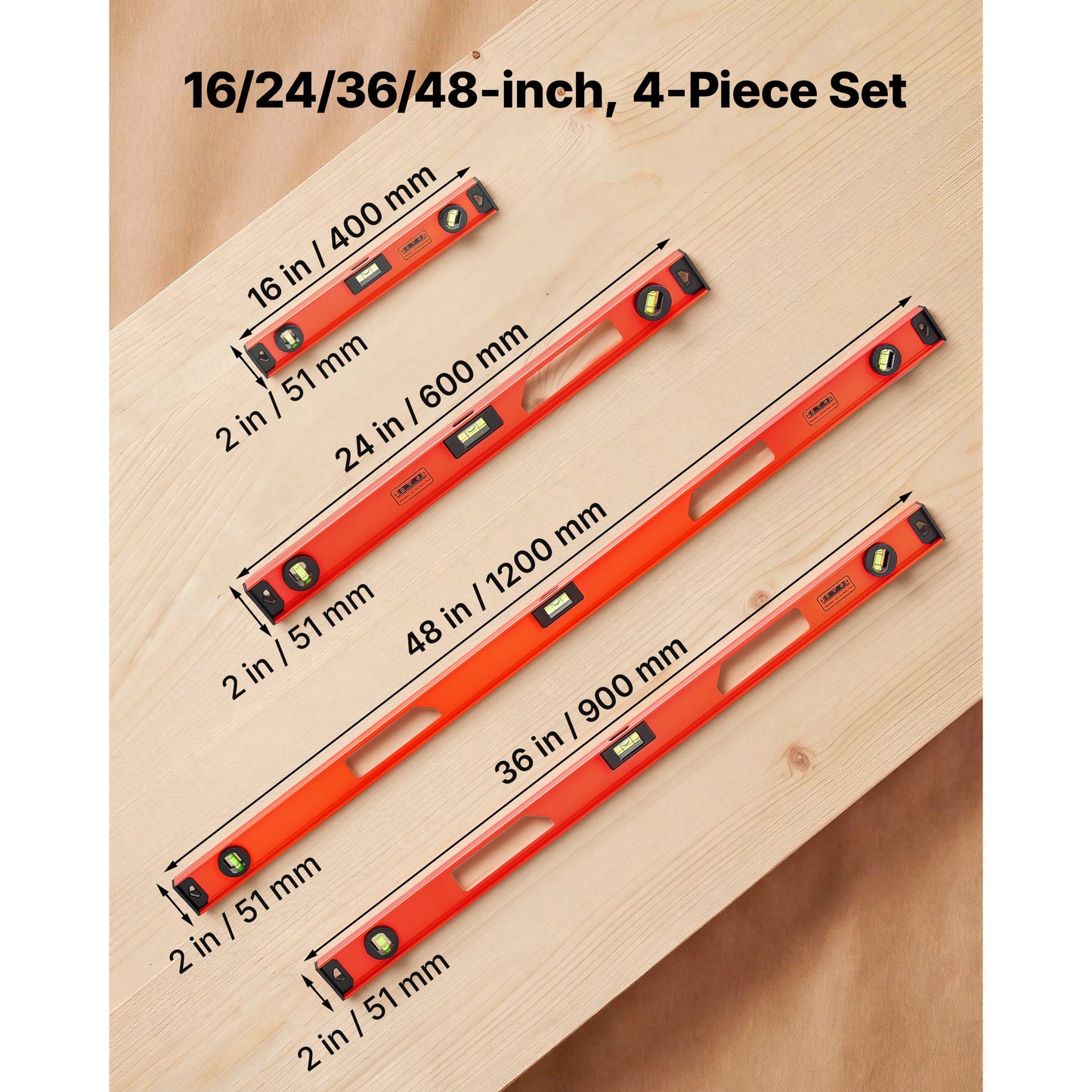 Magnetic Level Set, 4-Piece Included 16  24  36  48 In, Aluminum Alloy I-Beam Bubble Leveler With Clear 3 Green Vials & Hanging Hole, Level Tool Ideal For Hanging Pictures, Home Improvement & DIY