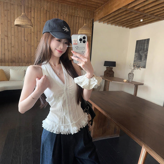 New White Lace Halter-neck Vest Korean Style