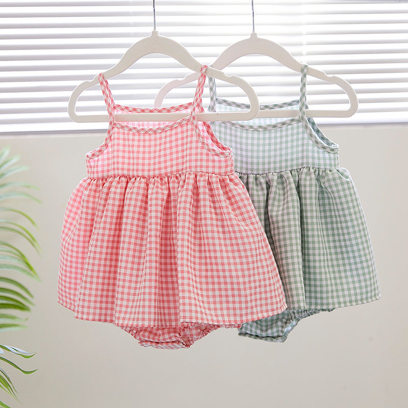 Korean Style Baby Sling Romper Fashionable Plaid Dress Princess Dress