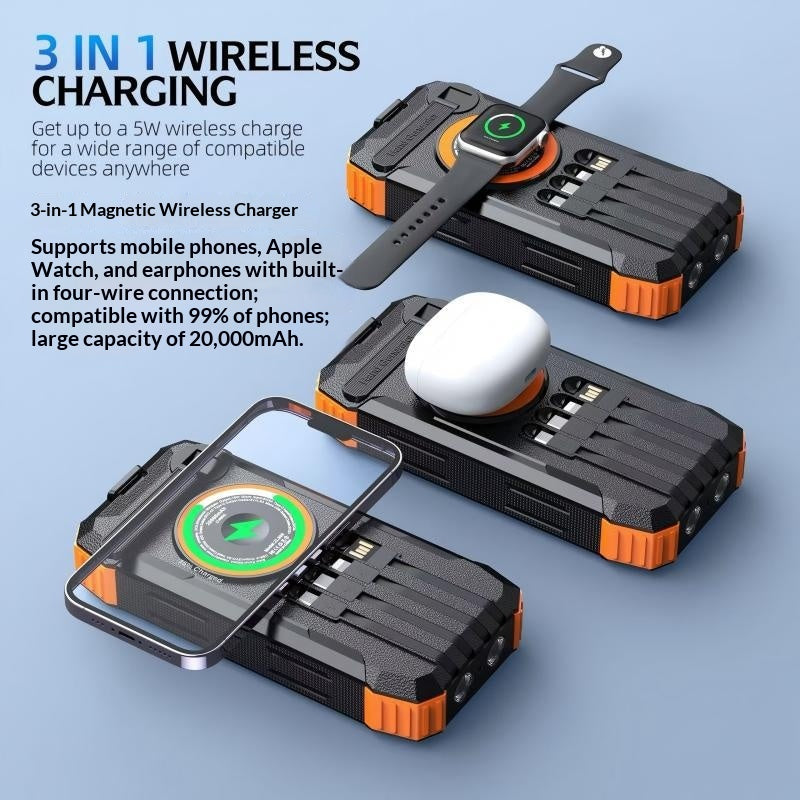 Solar-powered Power Bank With Four Built-in Outdoor Charging Cables