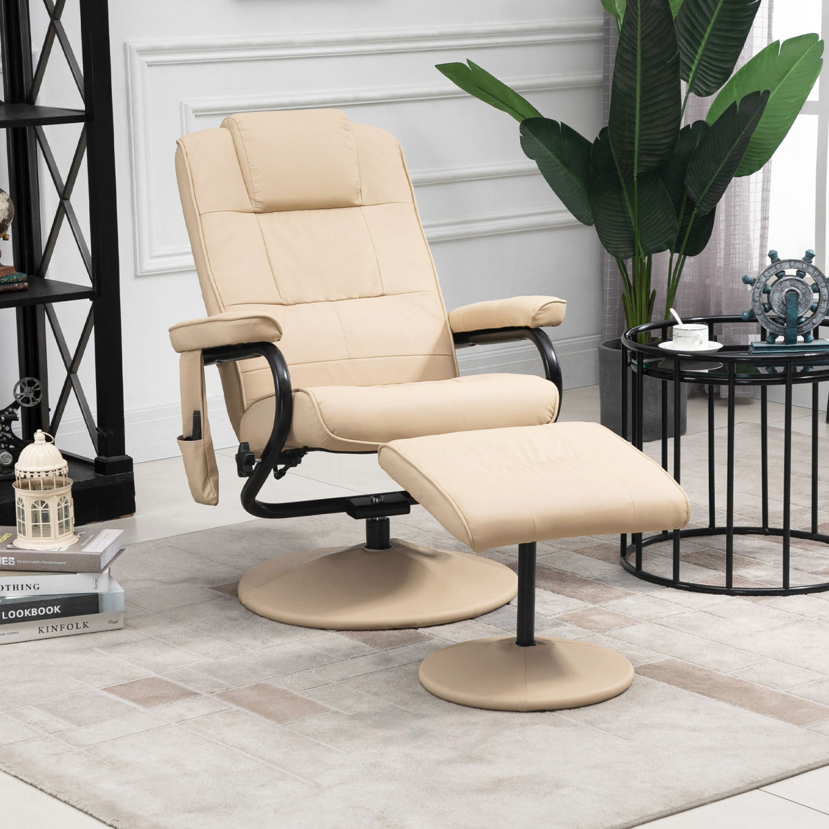 Swivel Recliner Chair And Footstool, Faux Leather Massage Recliner Armchair With Remote Control And Round Wrapped Base, Beige