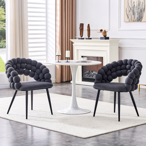 Set Of 2 Gray Puffy Bubble Chair Ball Chain Chair Velvet Dining Chairs With Black Legs, Modern Accent Chairs For Dining Room & Kitchen