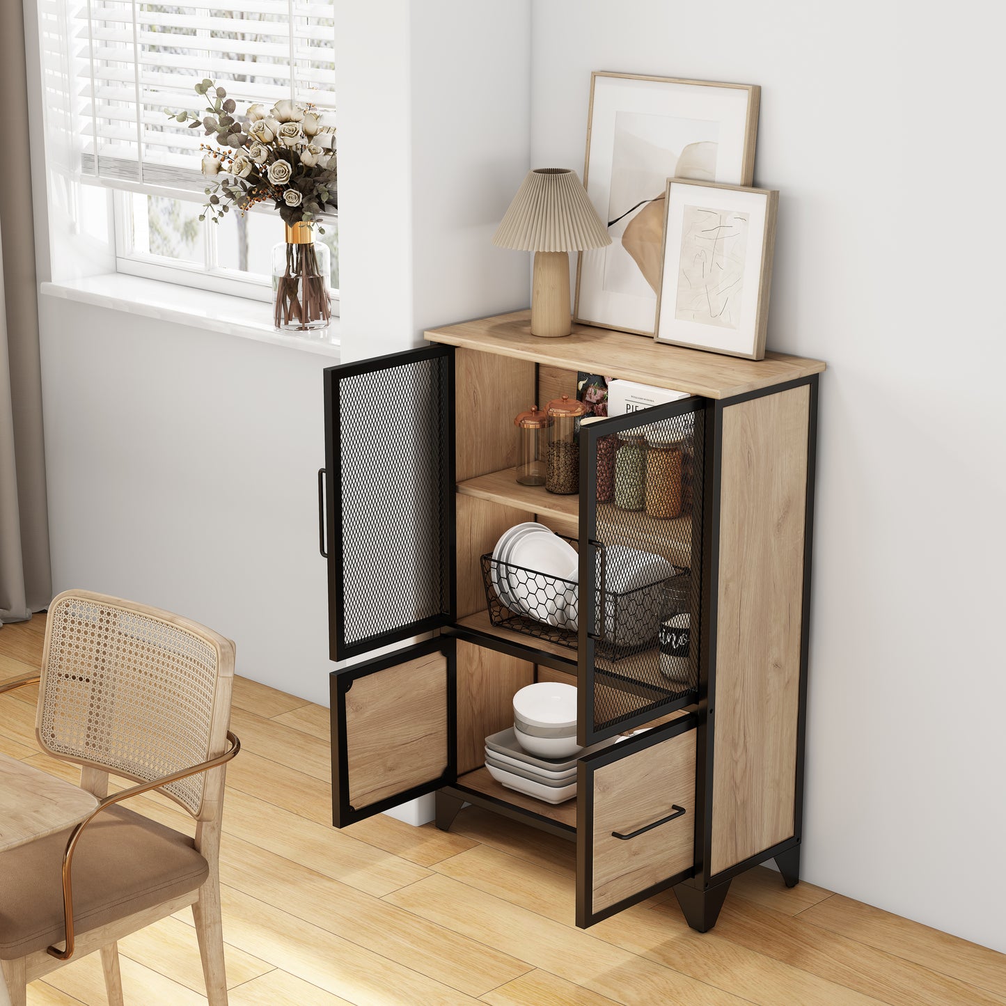 Storage Cabinet With 4 Iron Doors,Black Metal Handle,Sideboard With Adjustable Shelf,Black Sturdy Metal Frame And Metal Legs,Easy Assemble,For Living Room,Kitchen,Black Natural