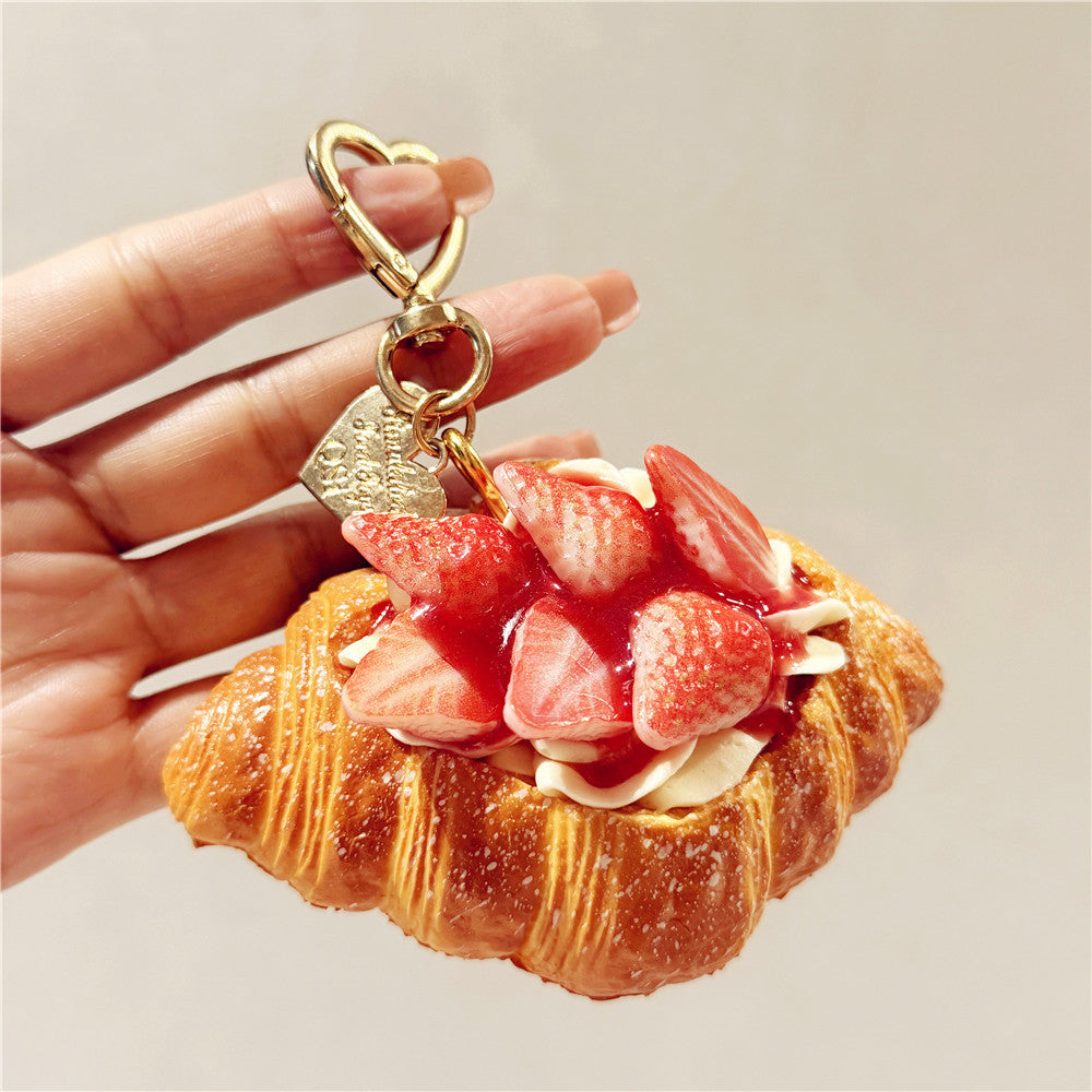Artificial Food Cream Fruit And Croissant Keychain Pendant