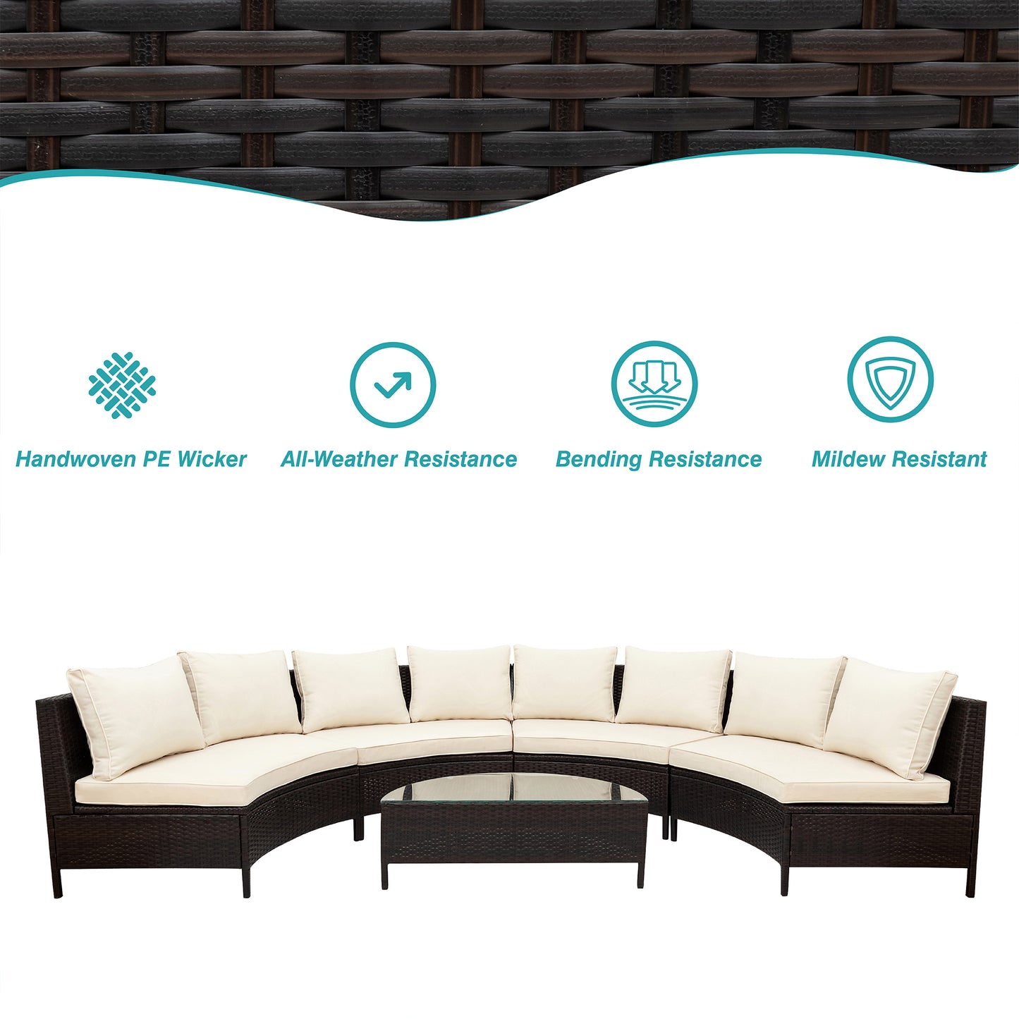 TOPMAX 5 Pieces All-Weather Brown PE Rattan Wicker Sofa Set Outdoor Patio Sectional Furniture Set Half-Moon Sofa Set With Tempered Glass Table, Beige