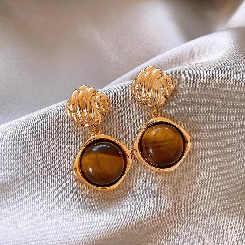 S925 Sterling Silver Maillard Tiger Eye Stone Stud Earrings For Women, 2026 New Hot Selling Light Luxury High-End Autumn Winter Ear Jewelry