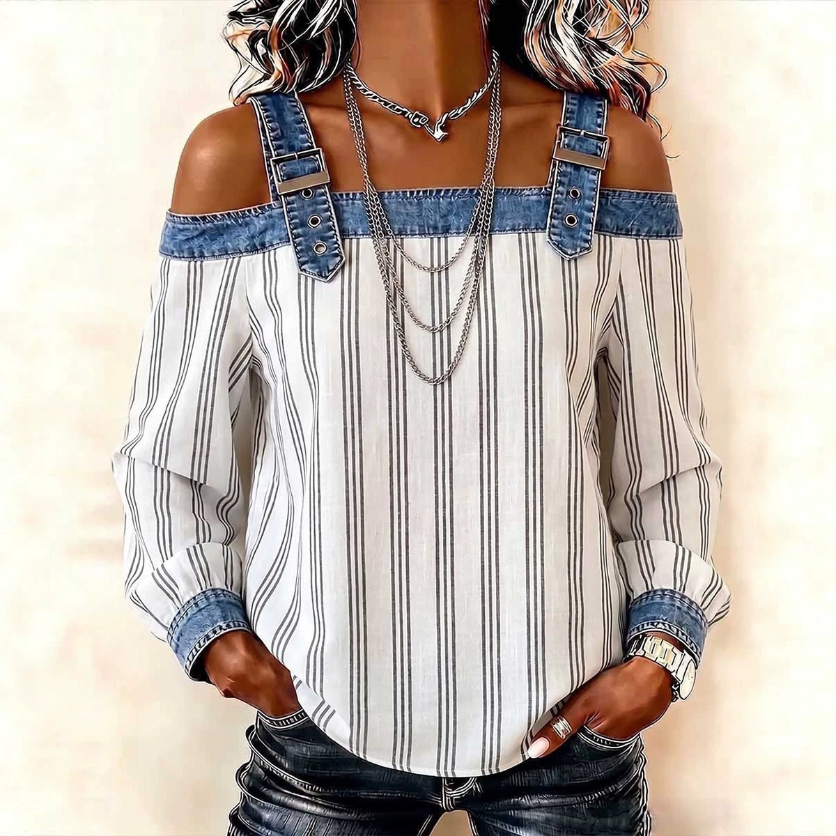 New Off-shoulder Strap Long-sleeve Top