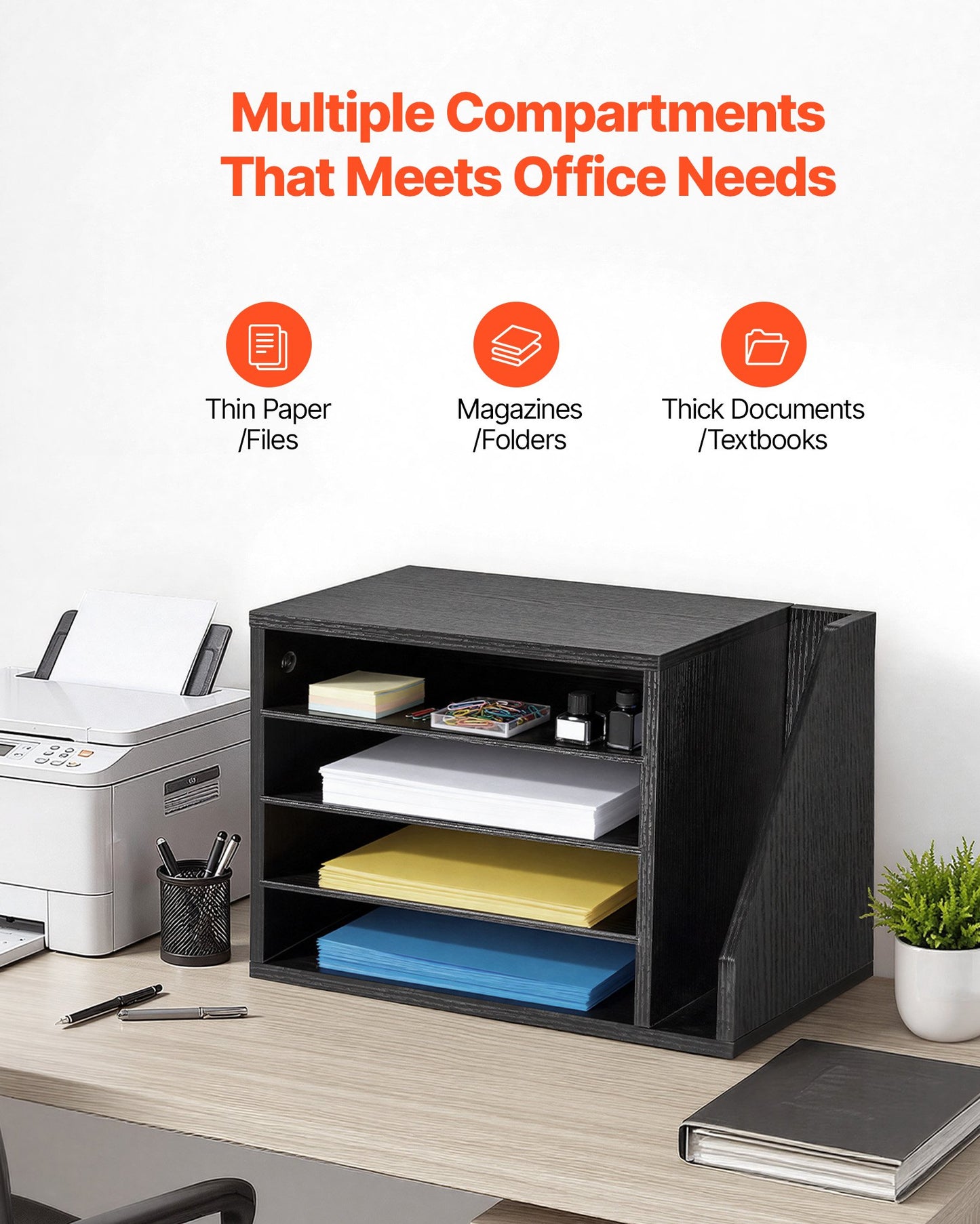Literature Organizer, 4 Compartments Office Mailbox With Detachable Shelves, Wooden Mailbox Sorter With Side Vertical Storage, Countertop Office Home Organizer For File, Document, Paper, Black