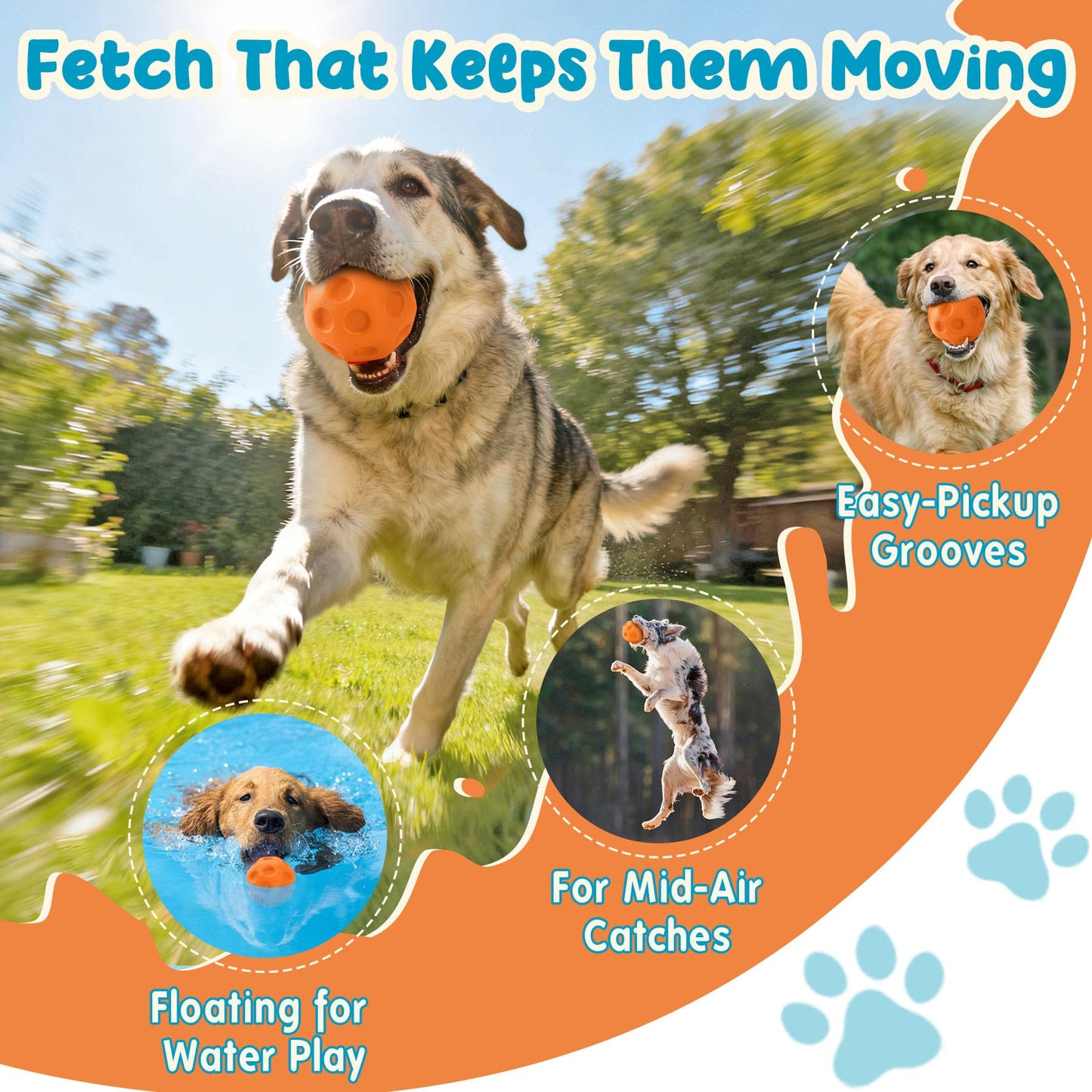 3 Pack Dog Balls For Medium & Large Dogs - High Bounce & Floating Fetch Balls, Interactive Outdoor Toys With Easy-Pickup Grooves, Bright Orange