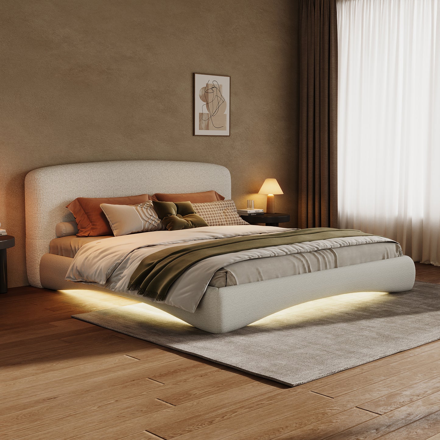 Curved Upholstered Bed With Smart Ambient Lighting,Cream,King