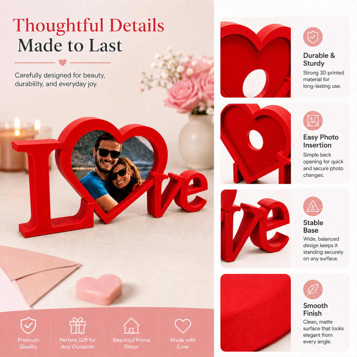 Love Heart Photo Frame Tabletop Decor, Freestanding 3D Printed Picture Holder Romantic Keepsake Gift For Valentine Wedding Anniversary Couple