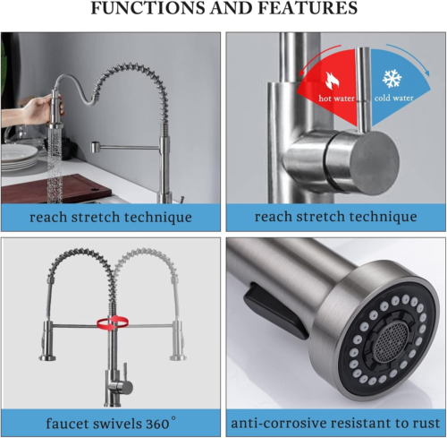 Monobloc Silver Kitchen Sink Mixer Taps With Pull Out Hose Spray Single LeverTap