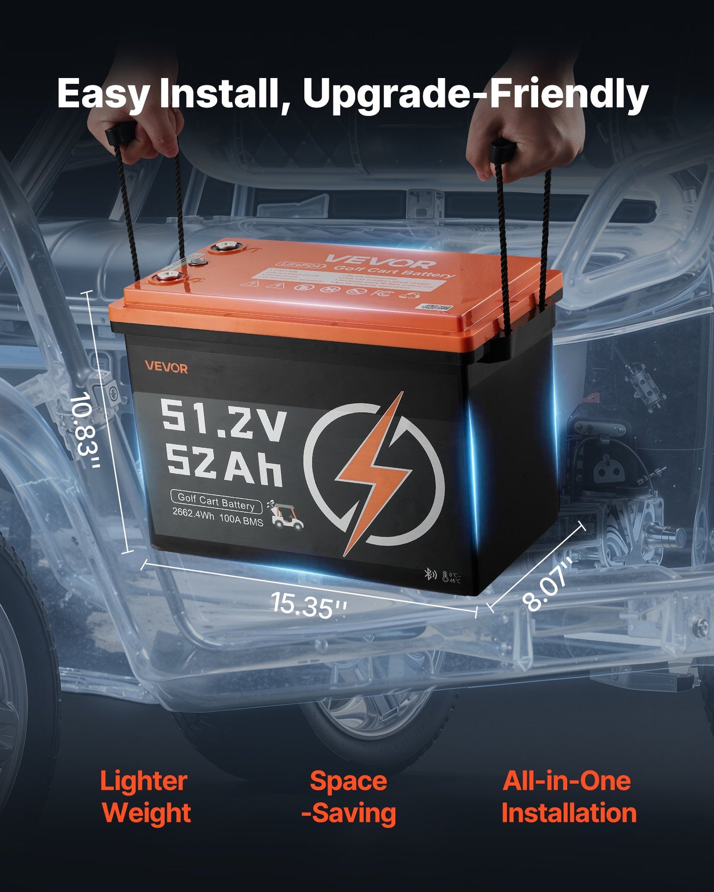 48V (51.2V) 52AH Lithium Golf Cart Battery, With 15A Charger, Lifepo4 Battery Kit, Built-in 100A BMS, 4000 Cycles, 2C Discharge Rate, Bluetooth & Mobile APP, For Golf Carts, Trolling Motors