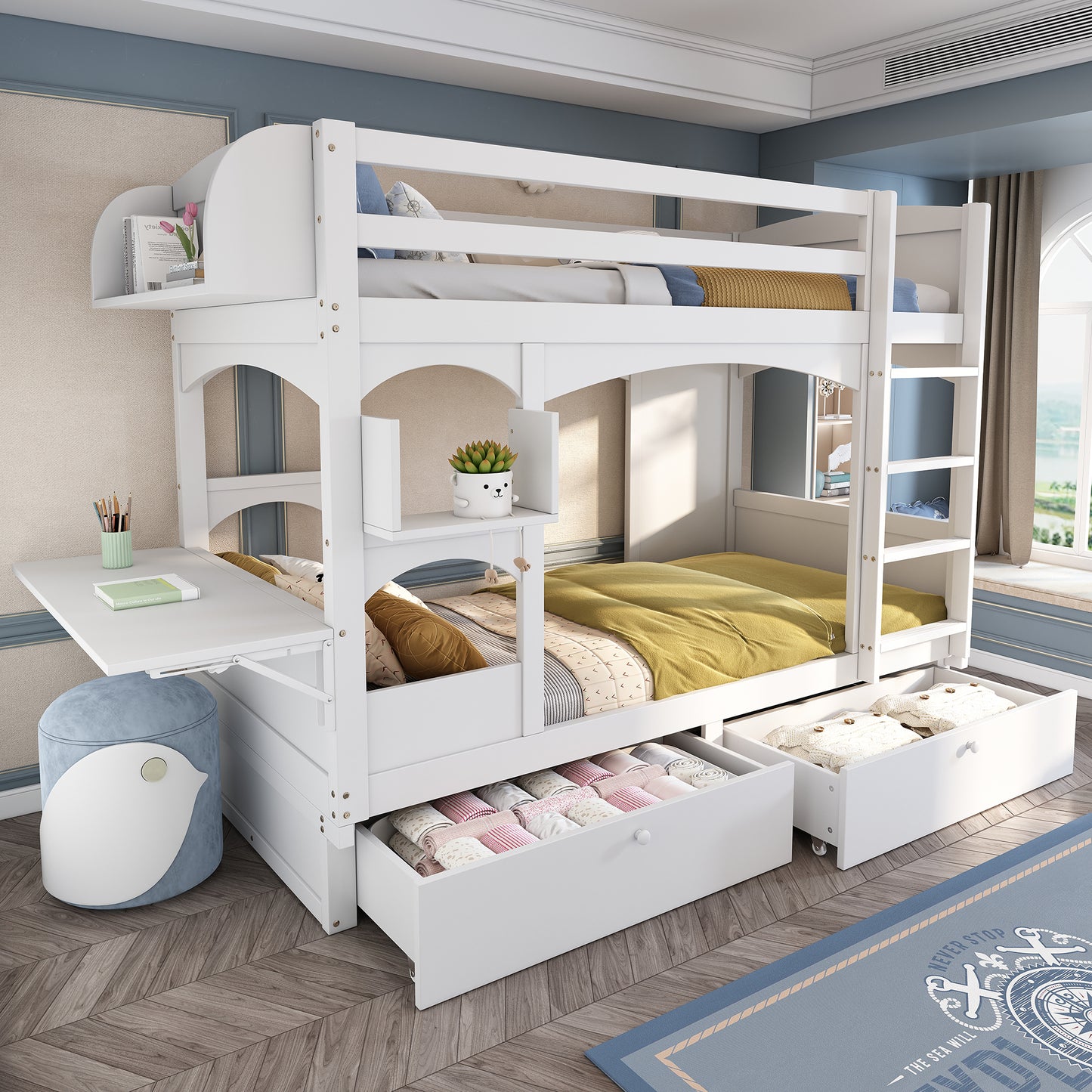 Children's Bunk Bed, Double Bed, Multifunctional Cot, With Foldable Desk And Shelf, With Ladder And 2 Drawers, Without Mattress, Solid Wood Slatted Frames, White, 90x200
