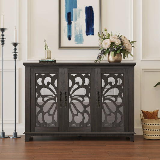49.33 X 15.55 Spacious Size Countertop Sideboard With 3 Mirrored Doors Adjustable Shelves Buffet Cabinet, Storage Cabinet For Living Room, Bedroom, Dinning Room, Kitchen, Hallway Closet Brown Color