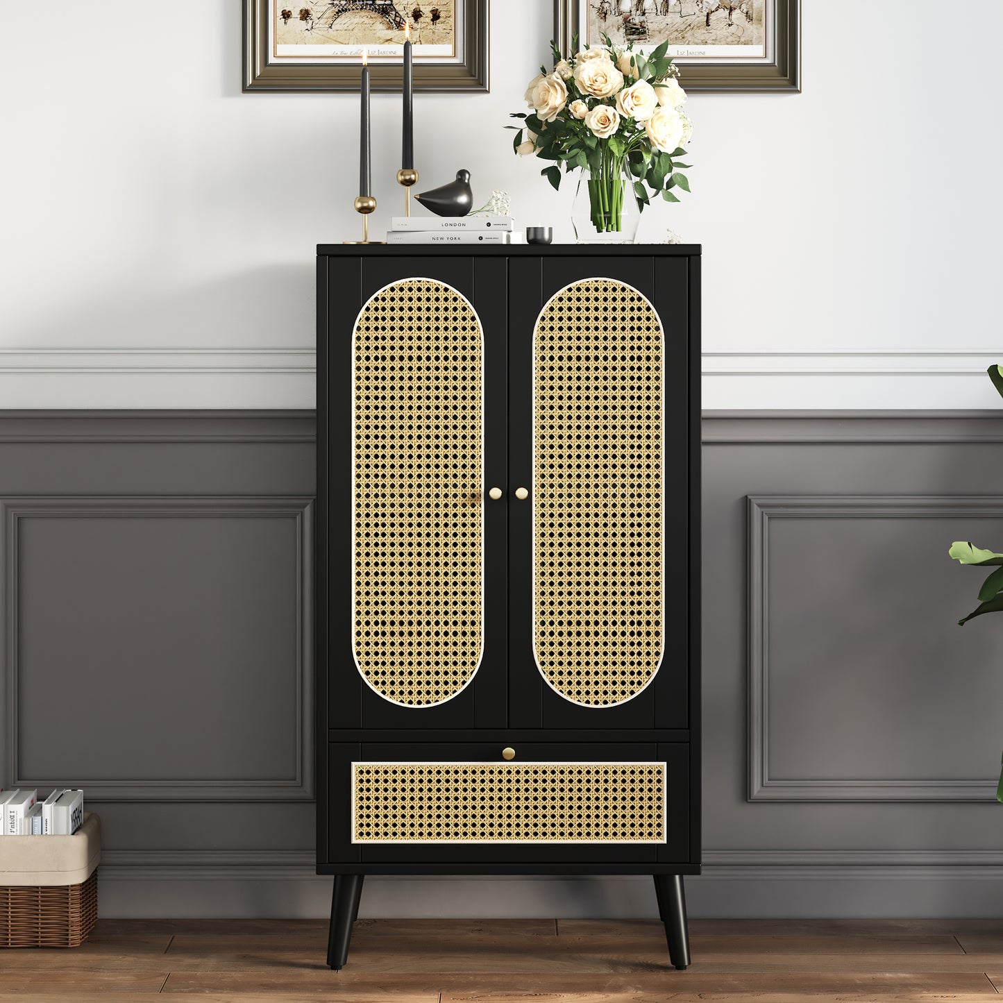 Compact Sideboard 1.1m, Rattan Design, Black, 2 Doors, 1 Drawer, Highboard, Dining Room Cabinet, Bookshelf - Versatile Storage Solutions
