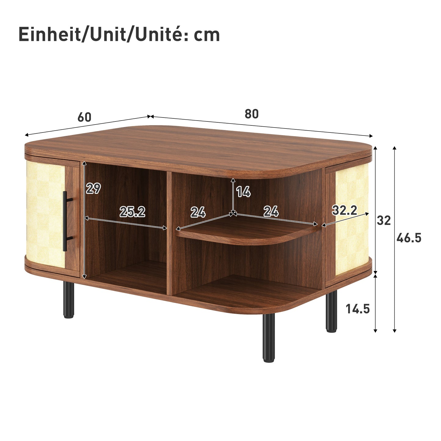 Coffee Table, Side Table, Curved Shape, Braided Surface, MDF Body, Metal Handles, Metal Legs, Storage, Living Room Table