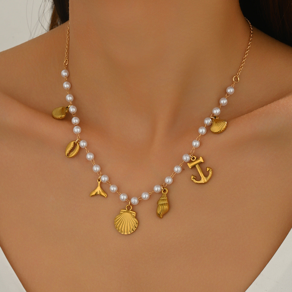 New European American Women Neck Jewelry, Geometric Ocean Element Necklace Decorated With Shell & Faux Pearl, Versatile Daily Neck Accessories