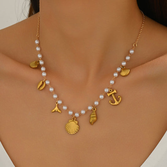 New European American Women Neck Jewelry, Geometric Ocean Element Necklace Decorated With Shell & Faux Pearl, Versatile Daily Neck Accessories