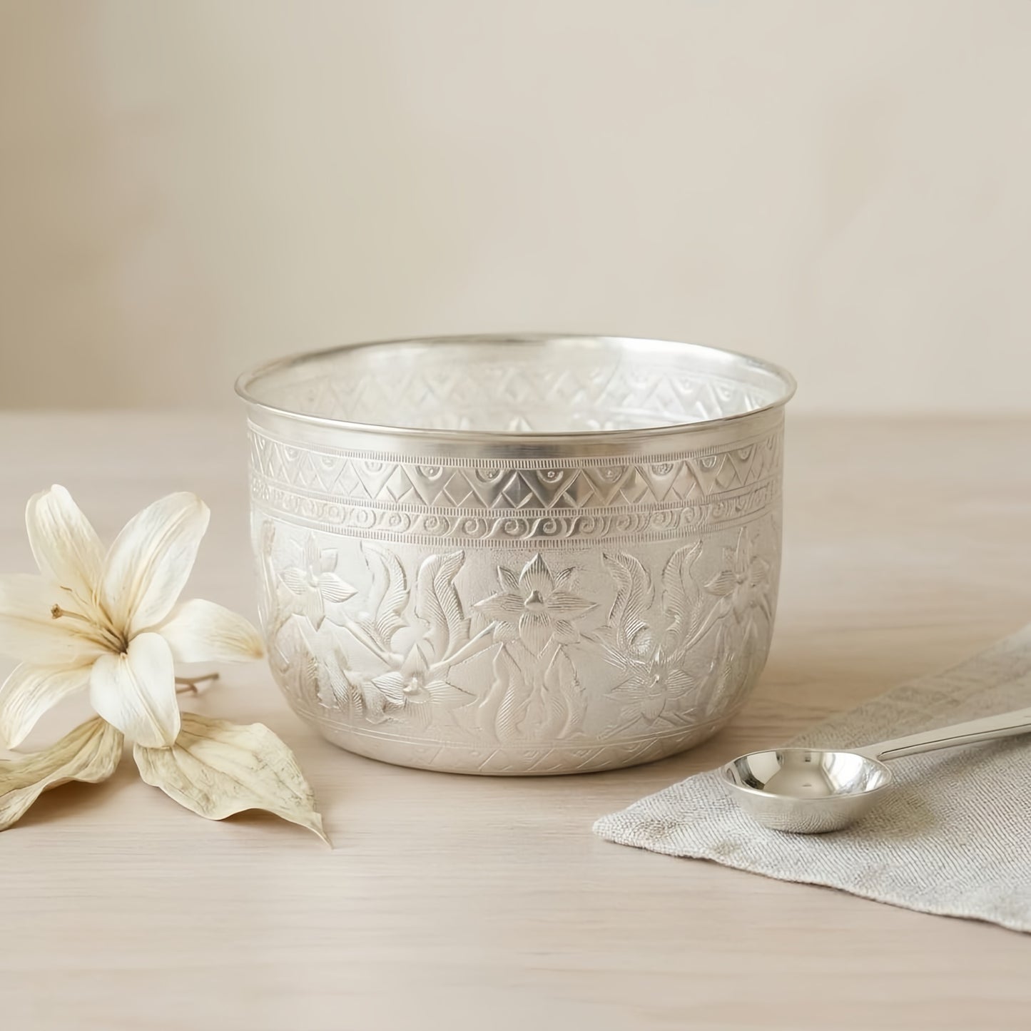 Pure 999 Fine Silver Elegant  Bowl with Intricate Floral and Geometric Engraving-Fine tea bowl - Handicraft