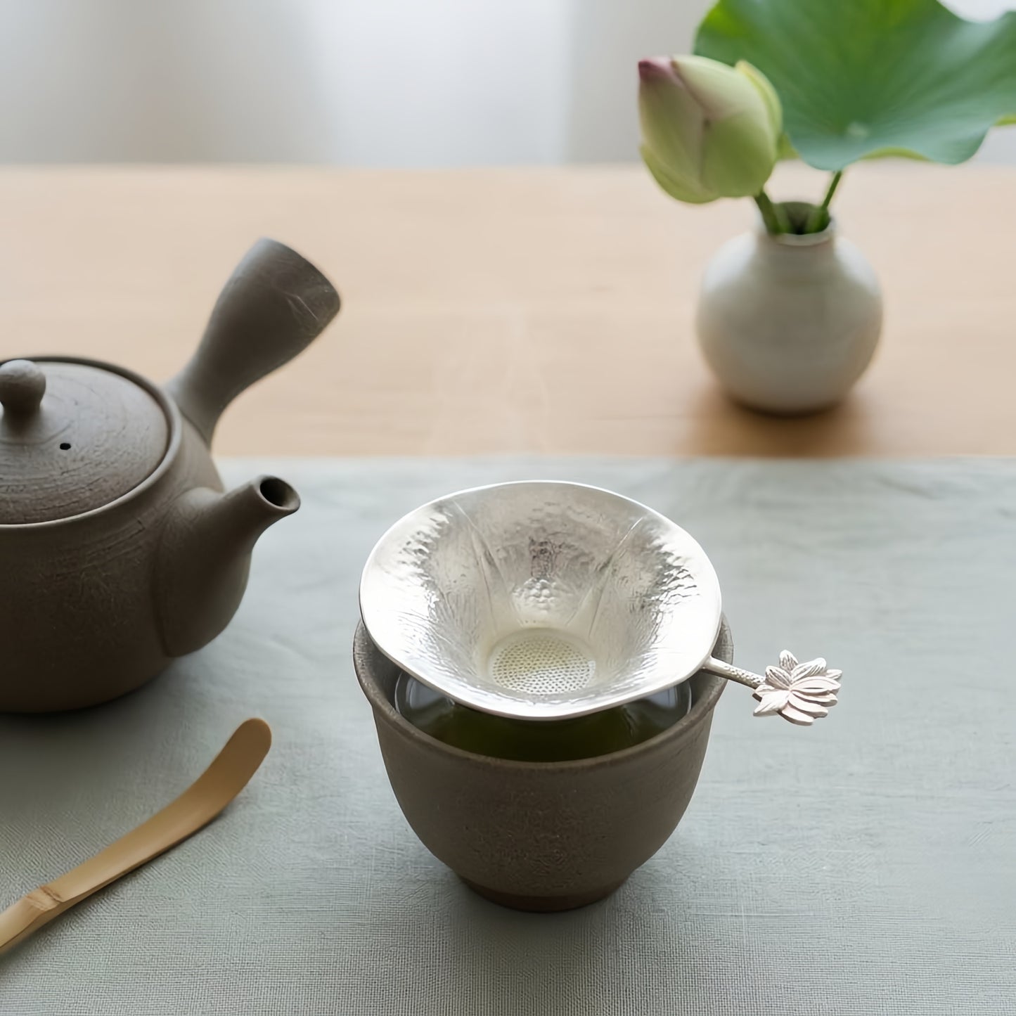 Pure 999 Fine Silver Elegant Silver Handcrafted Tea Strainer Funnel with Decorative Lotus Flower Handle - Handicraft