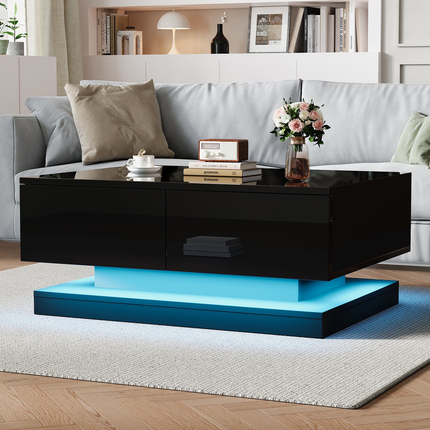 90 X 50 X 38 Cm Black High-gloss Coffee Table With 2 Drawers, Featuring Atmospheric LED Lighting Controlled Via A Mobile App.