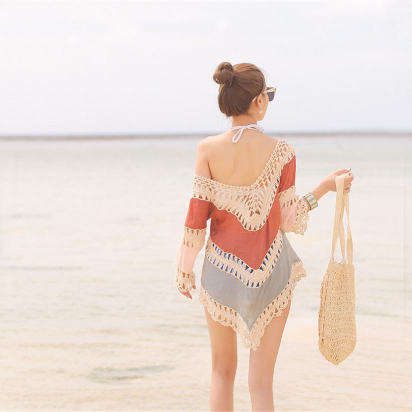 Womens Korean-style Two-tone Hand-knitted Patchwork Hollow-out Top