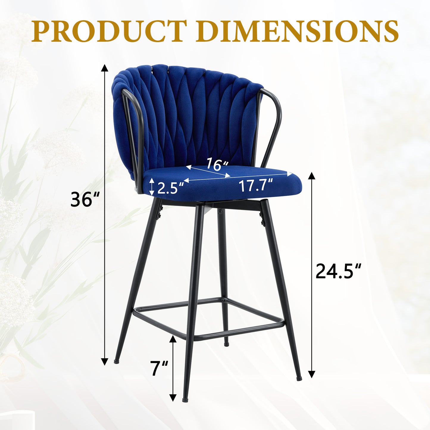 Set Of 2 Modern Velvet Braided Bar Stool With Metal Frame, Upholstered Counter Height Stool With Woven Rope Backrest For Kitchen Island, Home Bar Or Dining Area -Blue