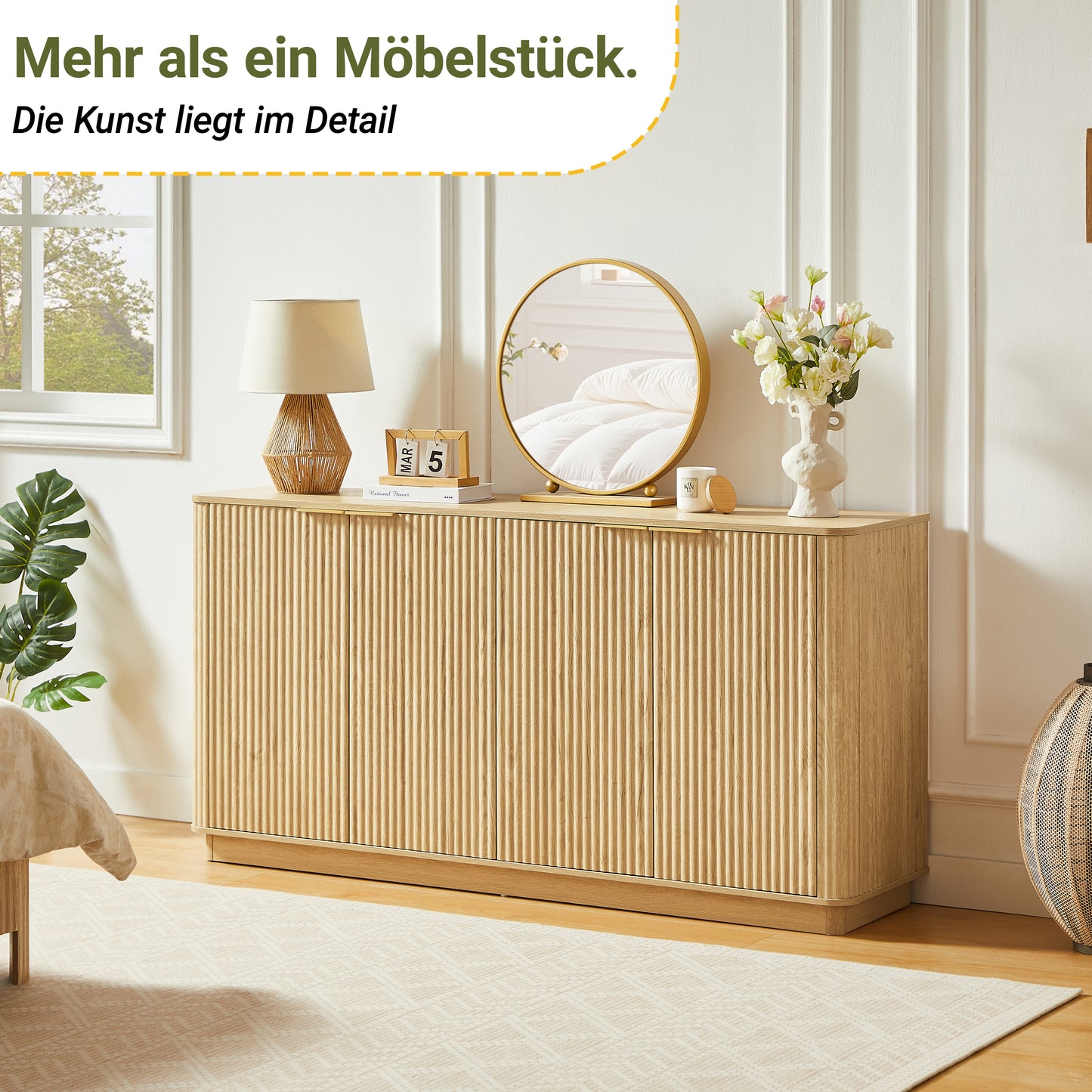 Sideboard Cabinet 160 Cm, Vertical Stripes, Curved Waveform Design, With Storage Space, TV Base Cabinet, For Bedroom, Living Room, Hallway, 160x80x40 Cm, Oak Decor