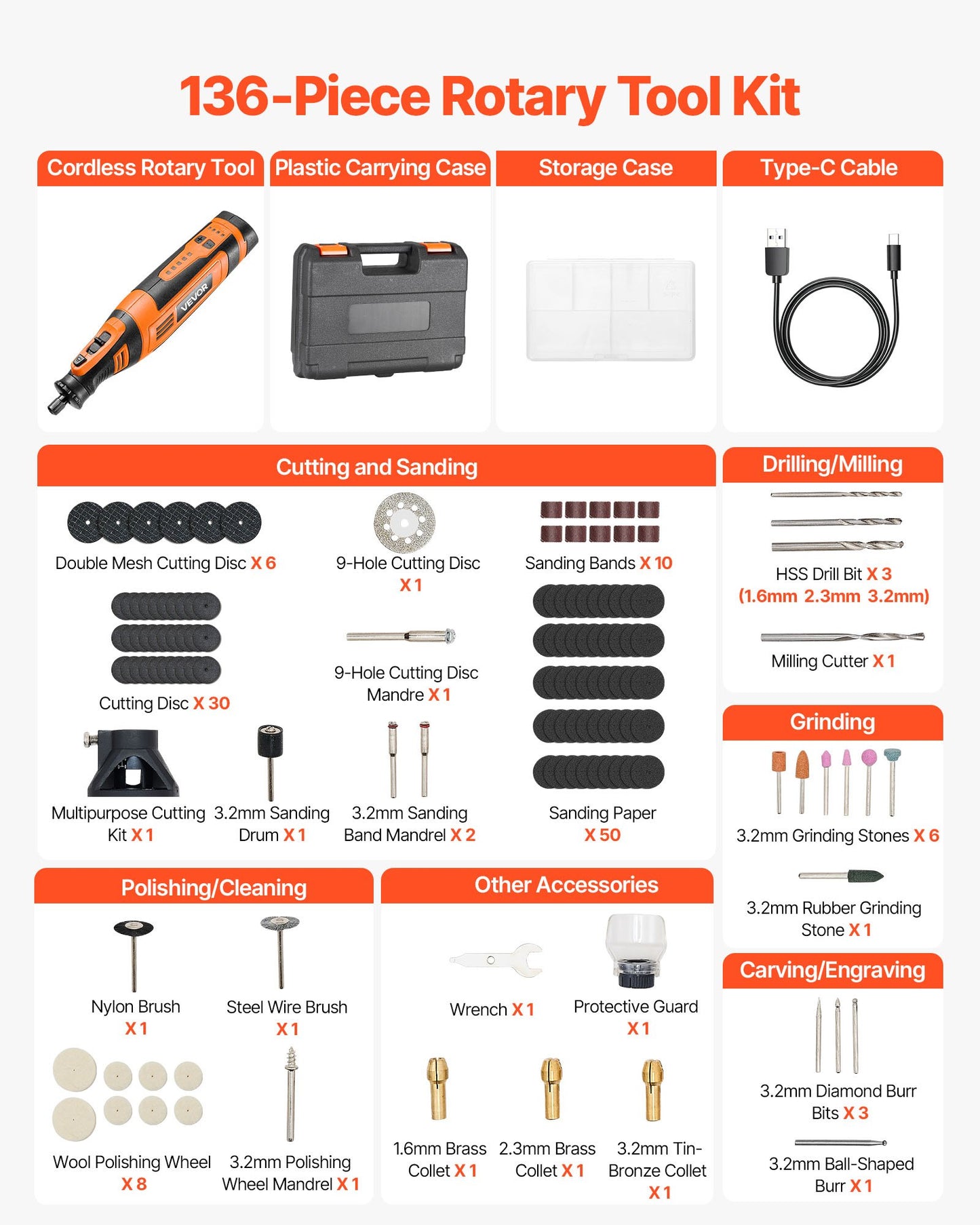 136-Piece Cordless Rotary Tool Kit, DC8V Portable Mini Power Rotary Tool, 5 Speeds 5000-30000RPM Multi-Purpose DIY Tools For Engraving, Sanding, Polishing, Carving, Grinding, Cutting, DIY Craft