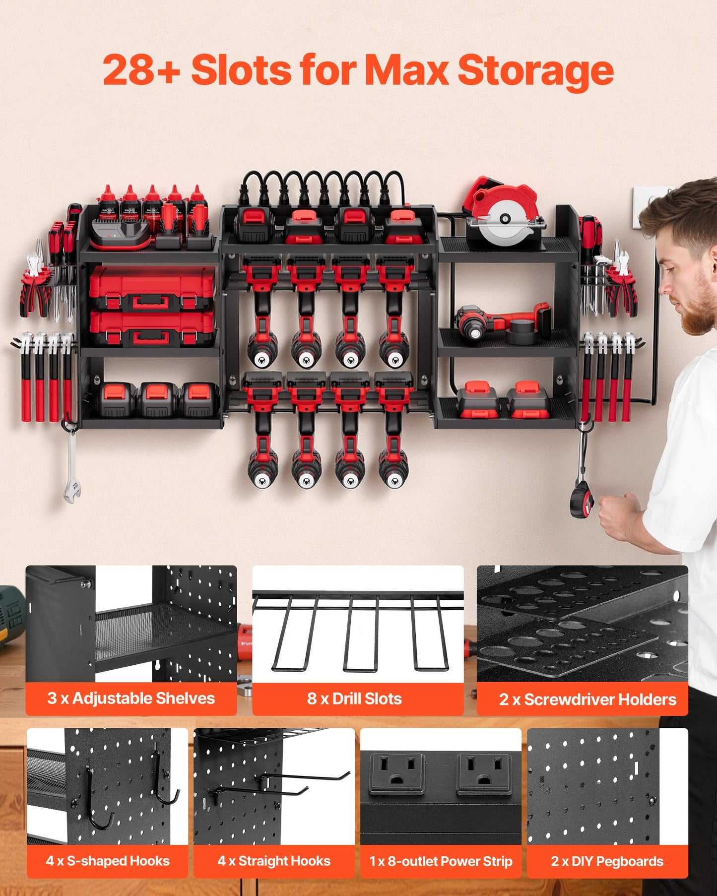 Power Tool Organizer With Charging Station, 3-Layer Power Tool Battery Storage Rack With 5.58 Ft Power Strip, 8 Drill Holders & 8 Outlets, Garage Tool Organizer For Garage, Workbench, Workshop