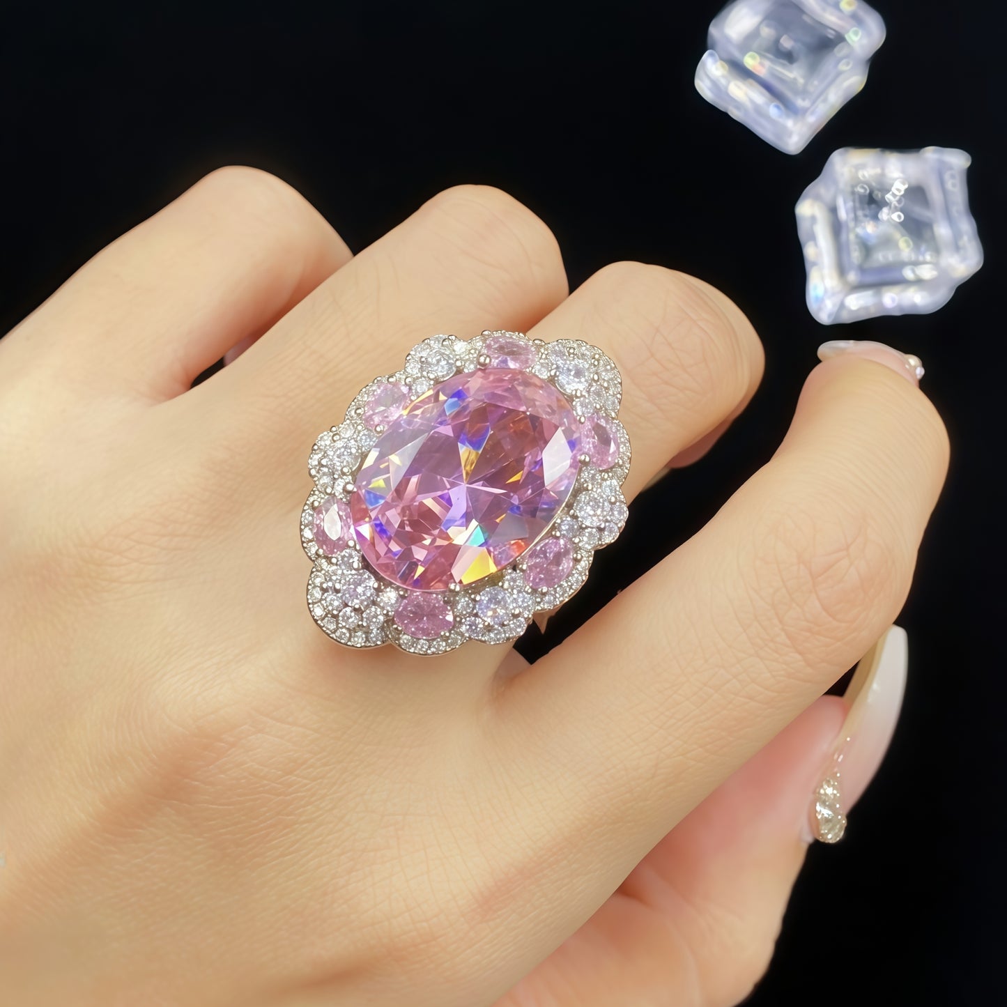 Oval Large  CZ Multi-Tone Floral Halo Statement Ring For Women, Copper Plated Silver Mixed  White Crystal Vintage Wedding Cocktail Jewelry Gift