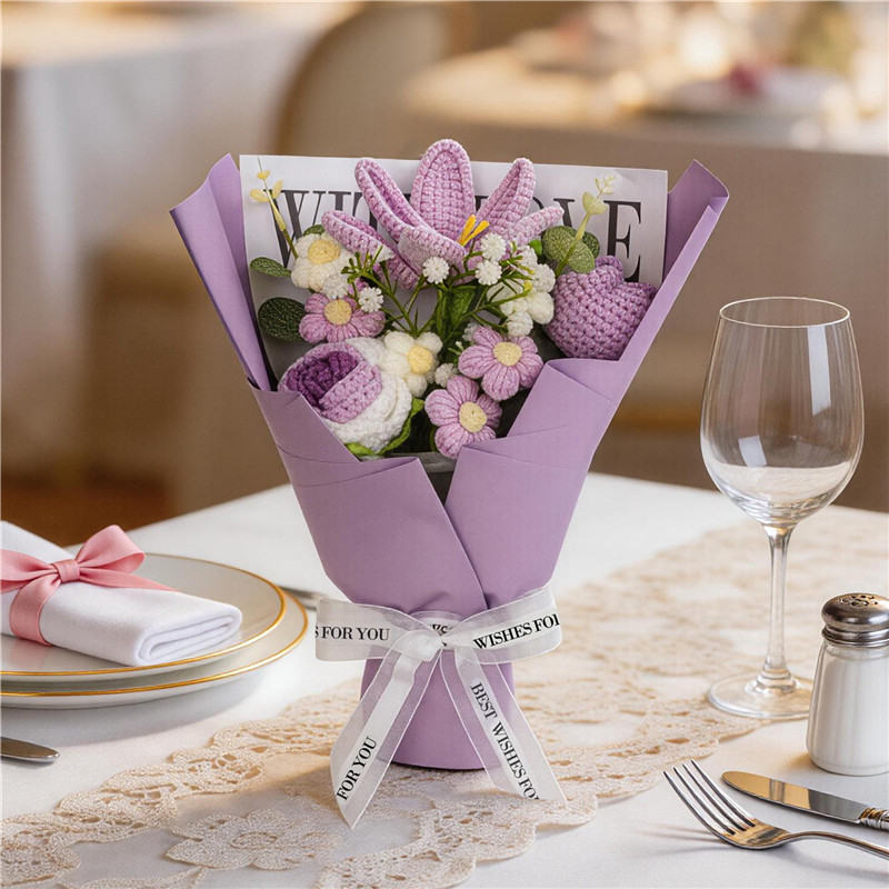 Handmade Crochet Flower Bouquet, Light Purple Lilies And Roses Matched With Daisy Crochet Flowers, Soft Yarn Everlasting Crochet Bouquet, Indoor Home Decorative Ornament