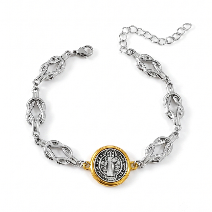 St Benedict Medal Bracelet For Women Men, Stainless Steel Knot Chain San Benito Coin Charm Bracelet, Religious Protection Jewelry Gift