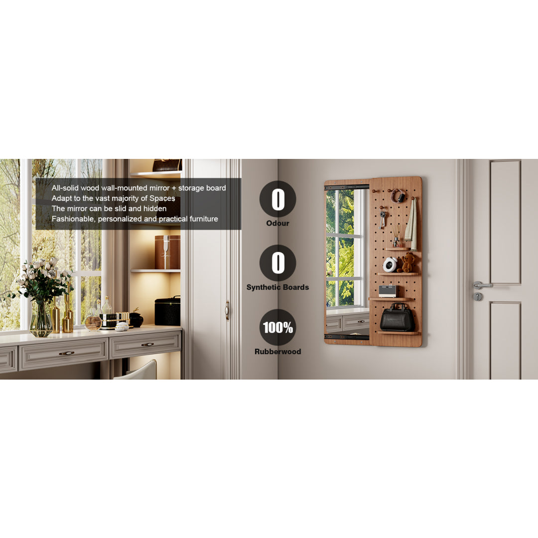 Wall Mounted Full Length Mirror, Full Body Mirror With Shelf, Full Body Mirror With Hook Wall Mounted Mirror With Multifunctional Design Panel, Bedroom Living Room Entrance Cherry 47.6x15.7in