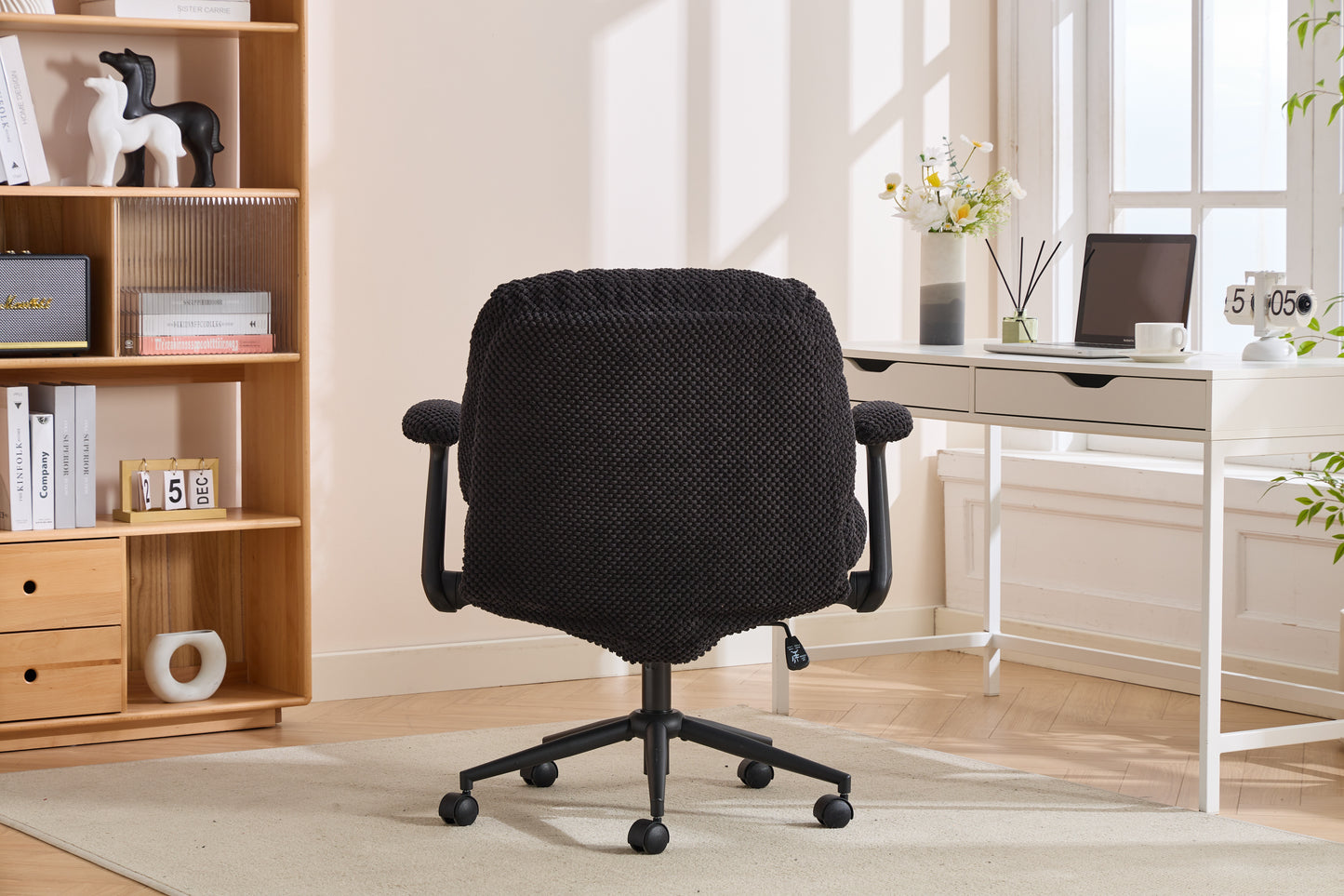 Cross Legged Office Chair With Flip-Up Arms, Adjustable Height Swivel Desk Chair, Wider & Thickened Cushion Ergonomic Rolling Chair For Home Office, Vanity, Study,Black.