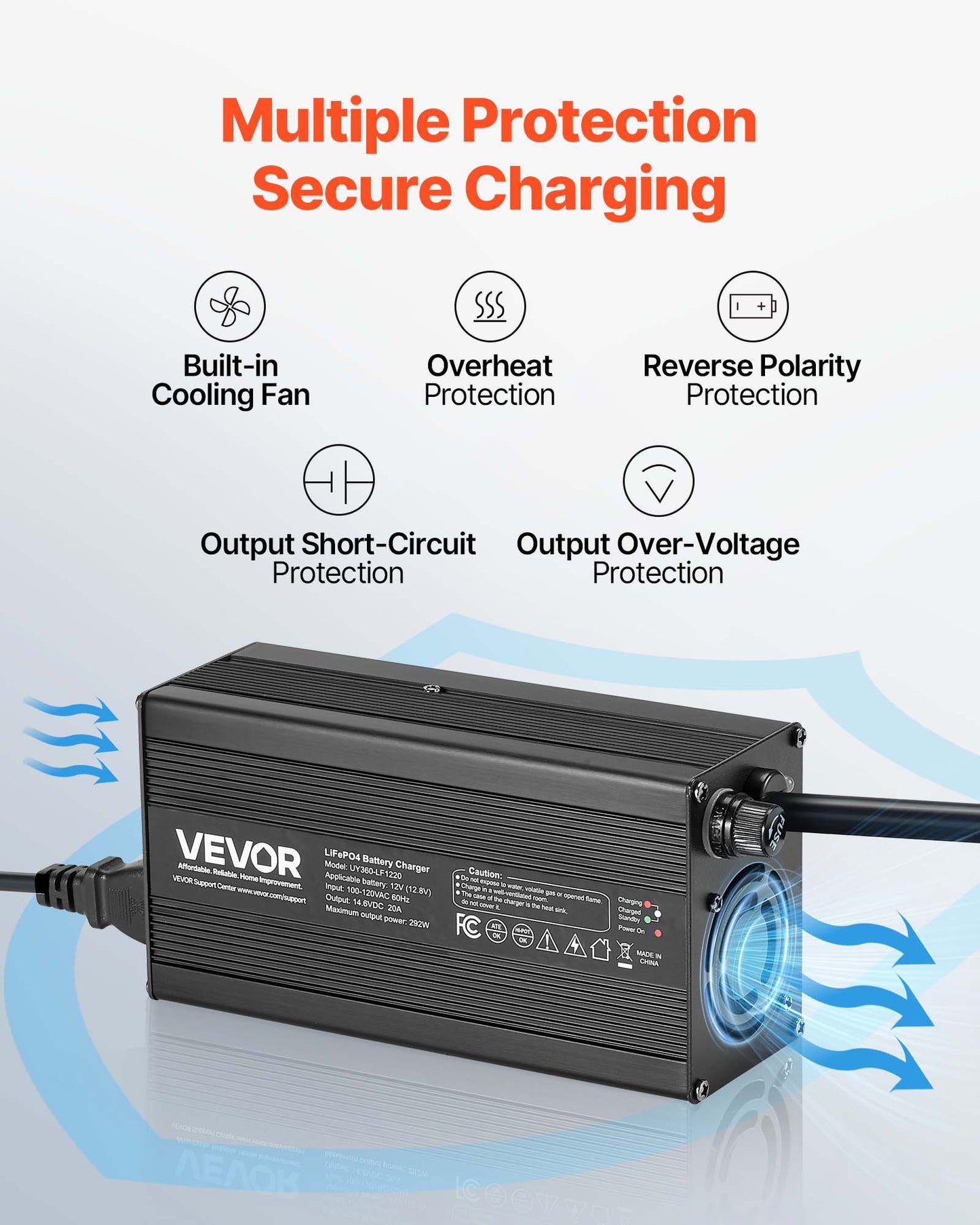 12V 20A Lithium Battery Charger 14.6V AC-DC LiFePO4 Smart Charger For RV