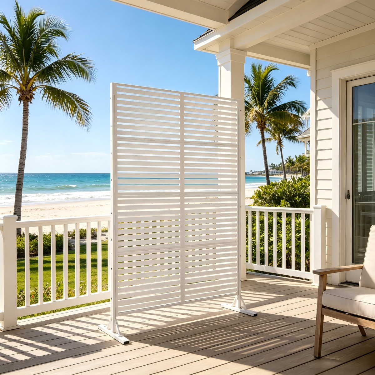70.87" H × 46.06" W White Metal Privacy Screen, Freestanding Slatted Patio Divider Fence, Coastal & Beach House Decor, Indoor Room & Sunroom Partition, Kid Play Yard & Pet Safe Outdoor Deck Balcony Ba