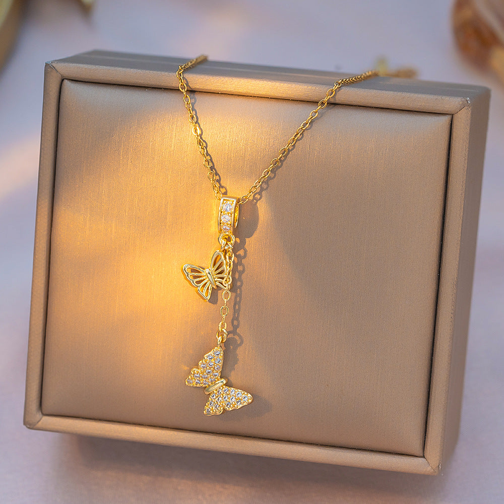 Japanese And Korean-style Light Luxury Full Rhinestone Tassel Butterfly Micro-inlaid Necklace