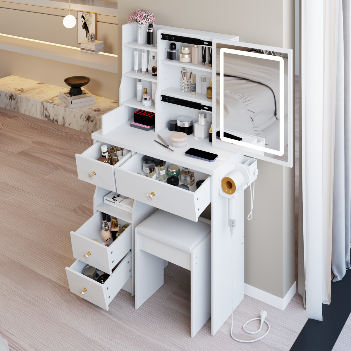 29.2  Small Size Left Drawer Desktop Vanity Table   Cushioned Stool, 2 AC 2 USB Power Station, Hair Dryer Bracket, Extra Large Touch Control Sliding LED Mirror, Tri-color Switching, Brightness Adjust