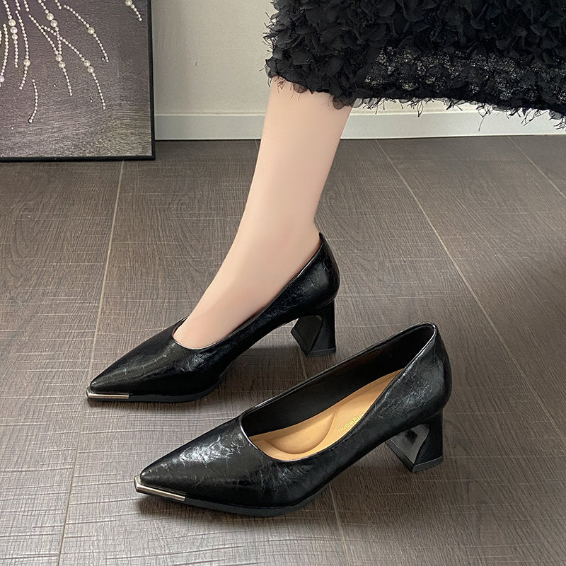 Women's Vintage Silver Pointed Toe Block Heel Pumps, 2026 Spring New French Style Comfortable Dress Shoes