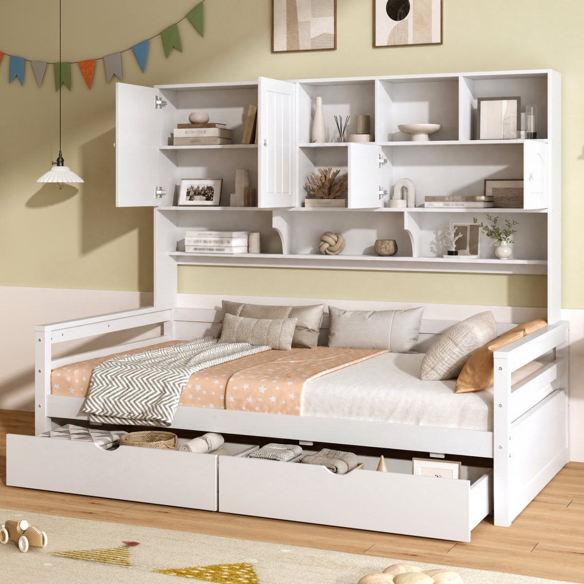 3ft Single Bed With Two Storage Drawers And Bookcase Headboard, Wooden Bed Frame With Storage And Guardrail, Space-Saving Design For Bedroom, Dorm And Study Room, White  No Mattress