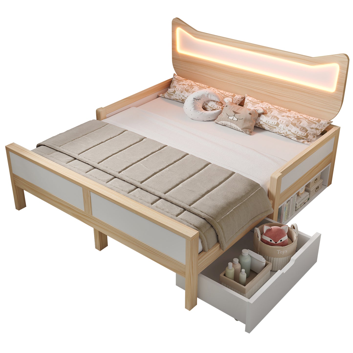 Children's Bed 140x200 Cm With Cat Ears, Headboard & RGB LED Lighting, Slatted Frame, Flexible Drawer & Storage Compartment Can Be Mounted Left Right, Child-proof Safety Gate, In White And Oak, Withou