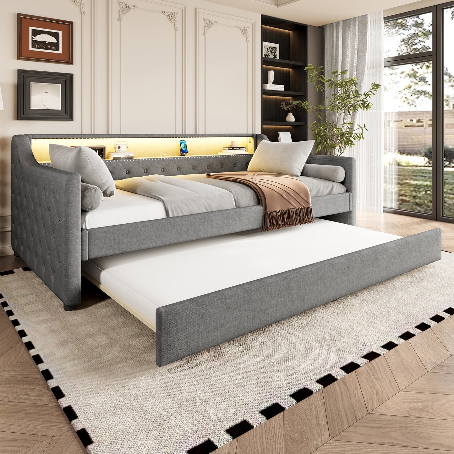 Daybed, 90 X 200cm, Sofa Bed, Daybed With Slatted Base  Without Mattress , With LED Lights, Bed With Pull-out Bed, USB Charging Socket, Linen, Grey
