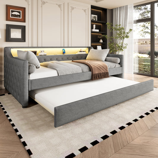 Daybed, 90 X 200cm, Sofa Bed, Daybed With Slatted Base  Without Mattress , With LED Lights, Bed With Pull-out Bed, USB Charging Socket, Linen, Grey